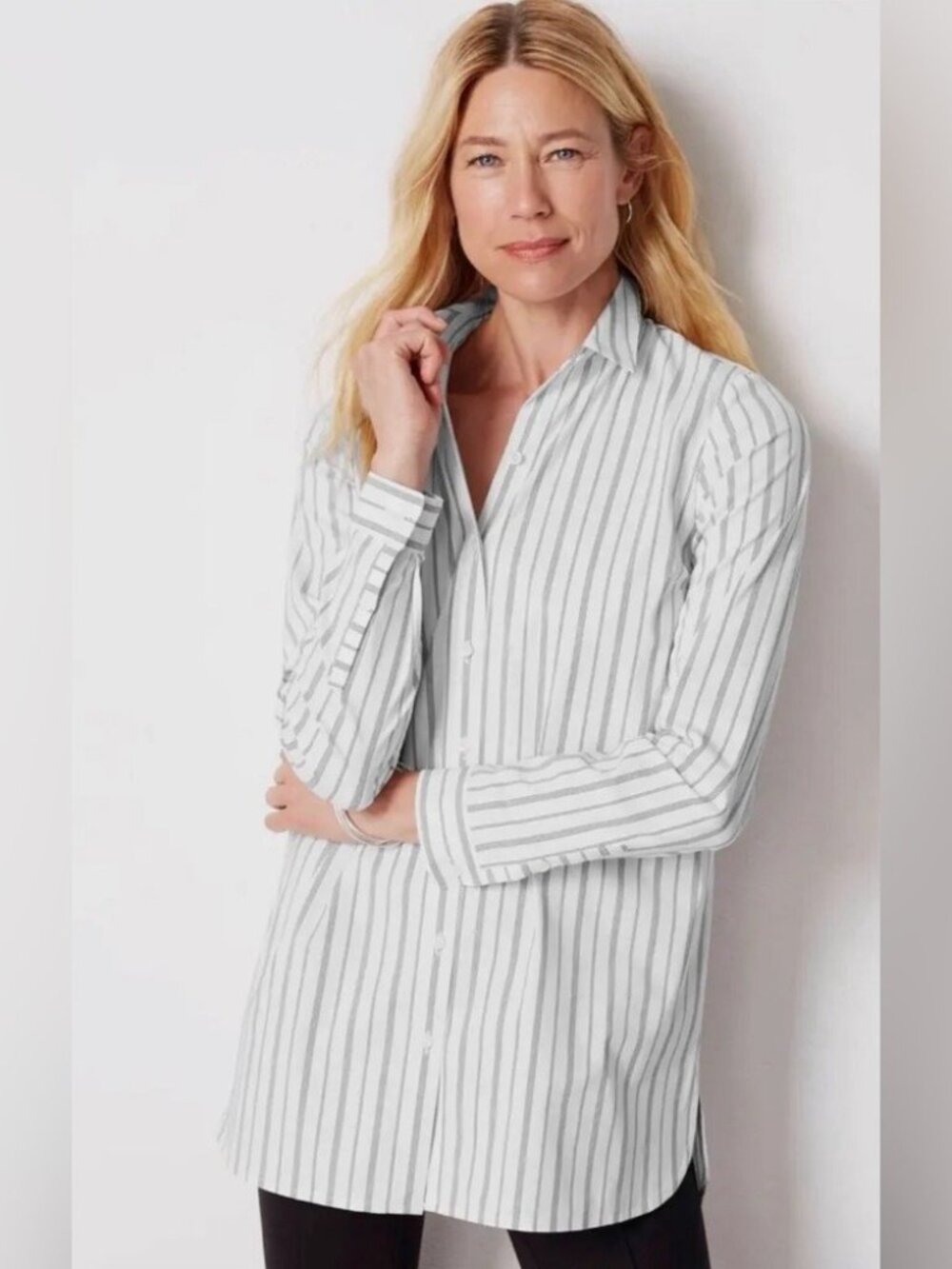 J Jill White‎ Stripe Poplin Button Down Tunic Size XLP